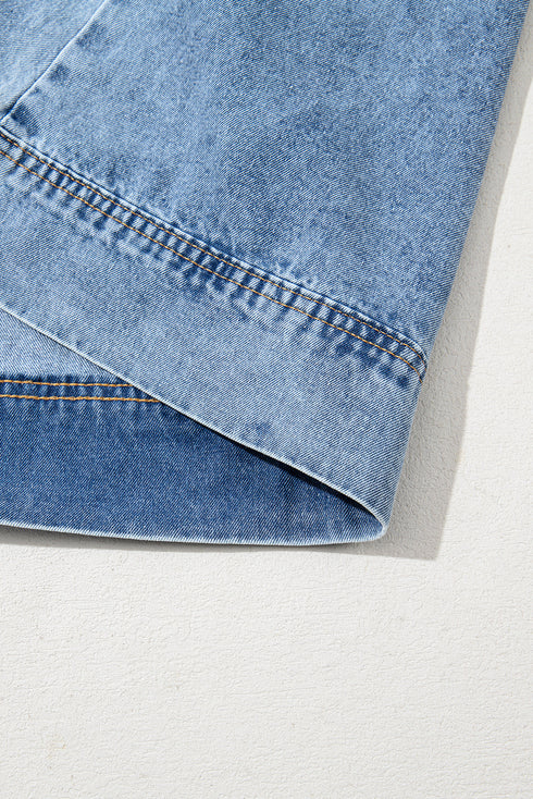 Solid Collared Short Sleeve Patched Pocket Denim Mini Dress