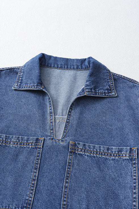 Solid Collared Short Sleeve Patched Pocket Denim Mini Dress