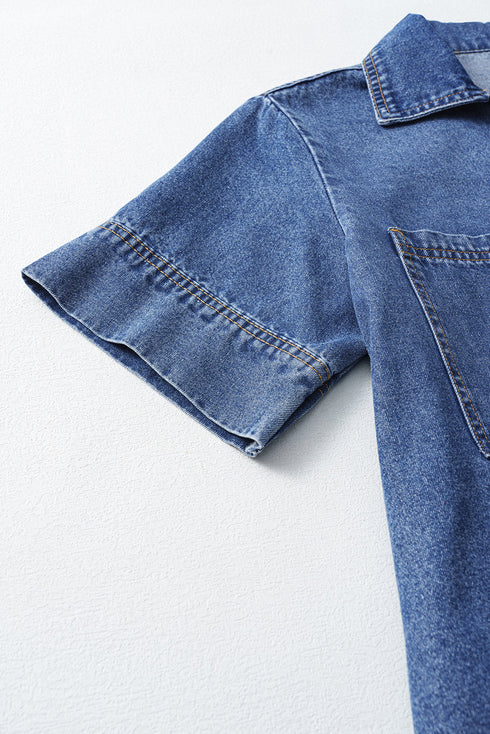Solid Collared Short Sleeve Patched Pocket Denim Mini Dress