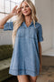 Solid Collared Short Sleeve Patched Pocket Denim Mini Dress