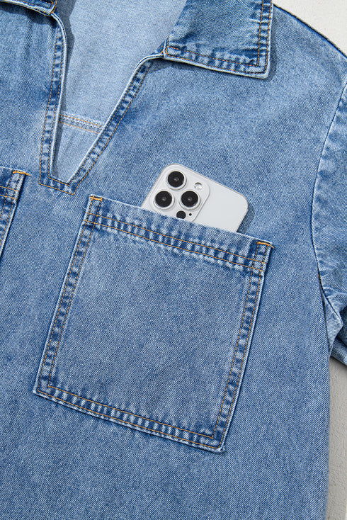 Solid Collared Short Sleeve Patched Pocket Denim Mini Dress