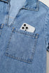 Solid Collared Short Sleeve Patched Pocket Denim Mini Dress