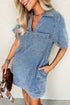 Solid Collared Short Sleeve Patched Pocket Denim Mini Dress