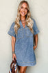 Solid Collared Short Sleeve Patched Pocket Denim Mini Dress