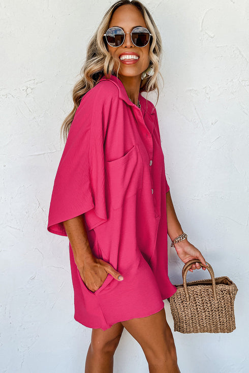 Solid Color Half Button Collared Loose Romper