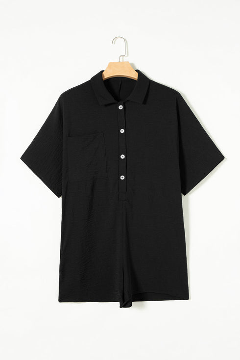 Solid Color Half Button Collared Loose Romper