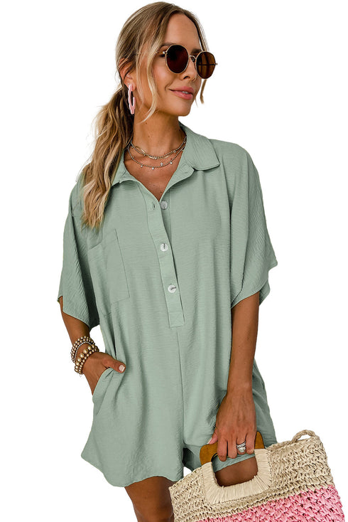 Solid Color Half Button Collared Loose Romper
