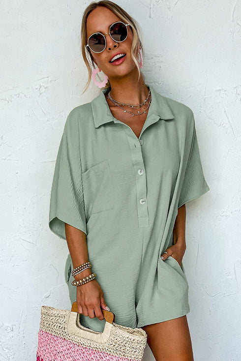 Solid Color Half Button Collared Loose Romper
