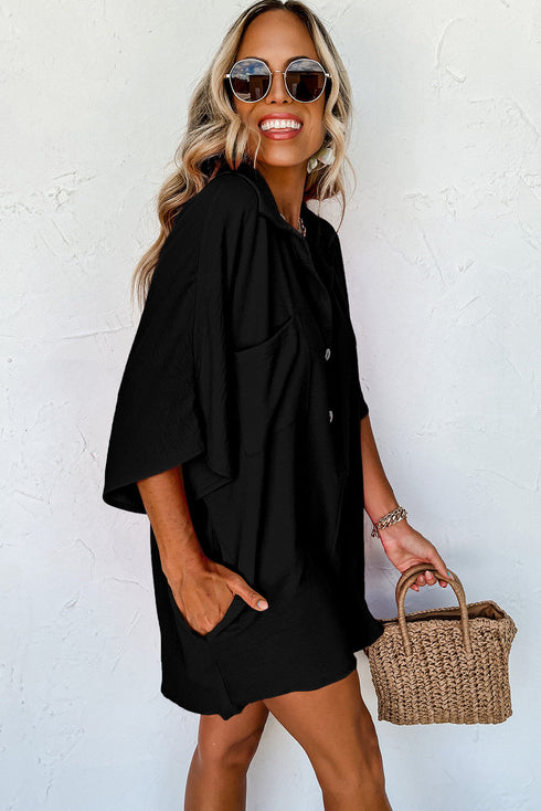 Solid Color Half Button Collared Loose Romper