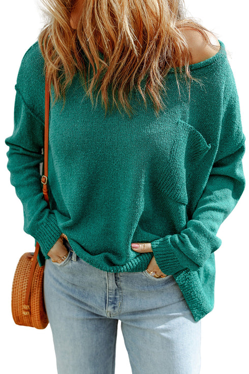 Solid Color Off Shoulder Rib Knit Sweater with Pocket
