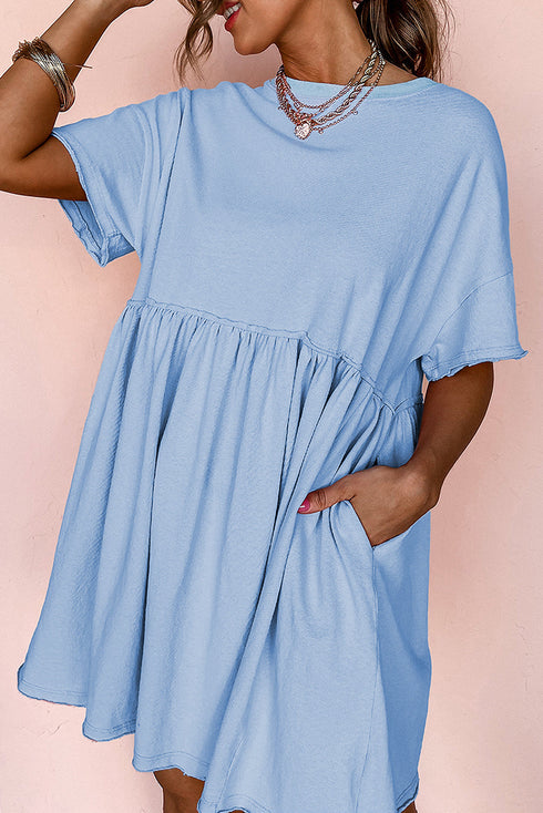 Solid Color Pocketed Raw Edge Babydoll Dress
