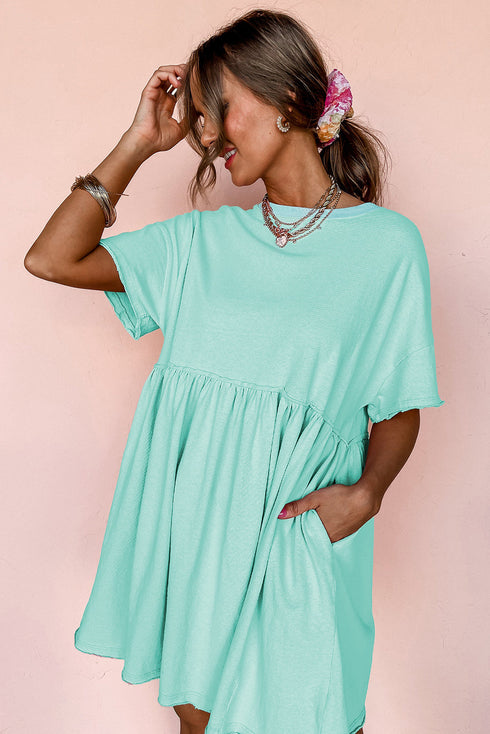 Solid Color Pocketed Raw Edge Babydoll Dress