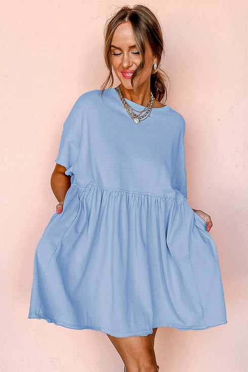 Solid Color Pocketed Raw Edge Babydoll Dress