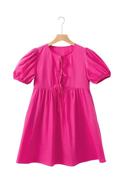 Solid Color Puff Sleeve Tie Front High Waist Mini Dress