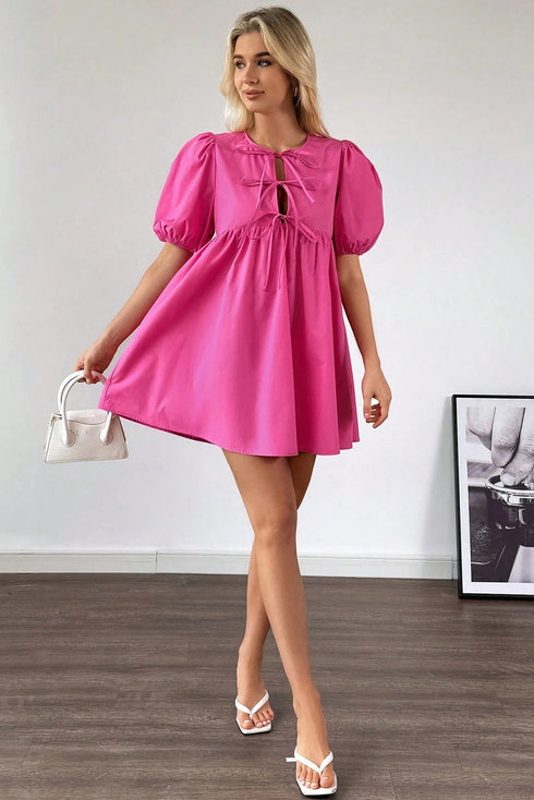 Solid Color Puff Sleeve Tie Front High Waist Mini Dress