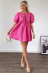 Solid Color Puff Sleeve Tie Front High Waist Mini Dress