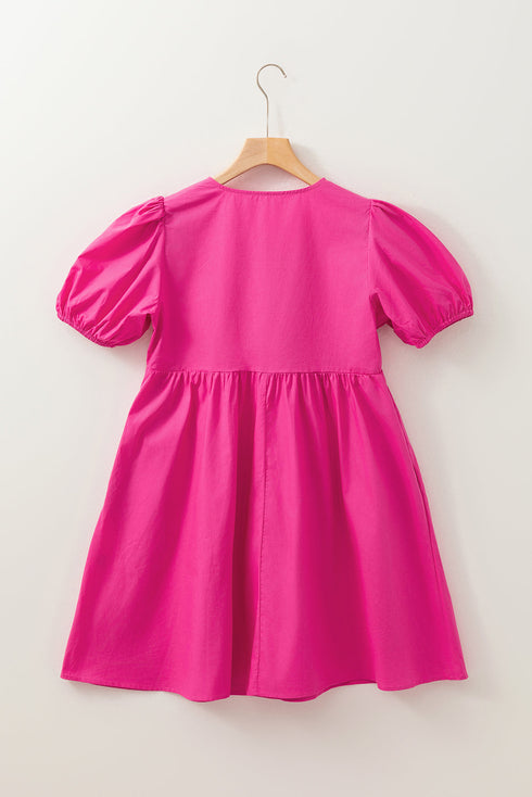 Solid Color Puff Sleeve Tie Front High Waist Mini Dress