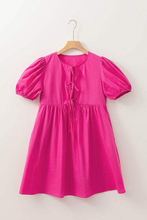 Solid Color Puff Sleeve Tie Front High Waist Mini Dress