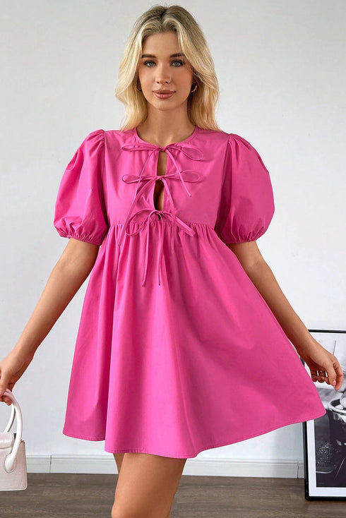Solid Color Puff Sleeve Tie Front High Waist Mini Dress