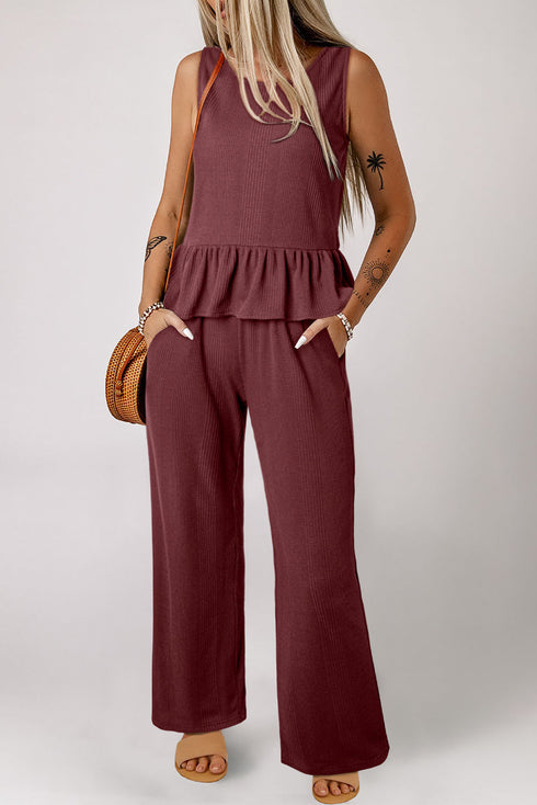 Solid Color Ribbed Ruffle Tank Top and Pants Set
