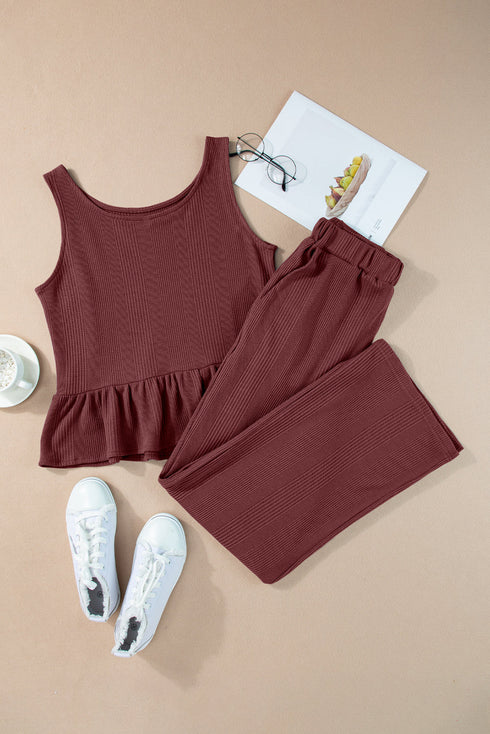 Solid Color Ribbed Ruffle Tank Top and Pants Set