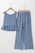 Solid Color Ribbed Ruffle Tank Top and Pants Set