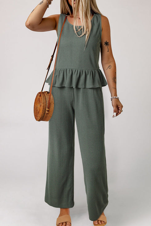 Solid Color Ribbed Ruffle Tank Top and Pants Set
