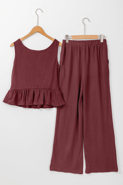 Solid Color Ribbed Ruffle Tank Top and Pants Set