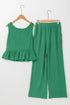 Solid Color Ribbed Ruffle Tank Top and Pants Set