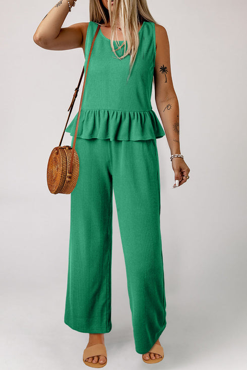 Solid Color Ribbed Ruffle Tank Top and Pants Set