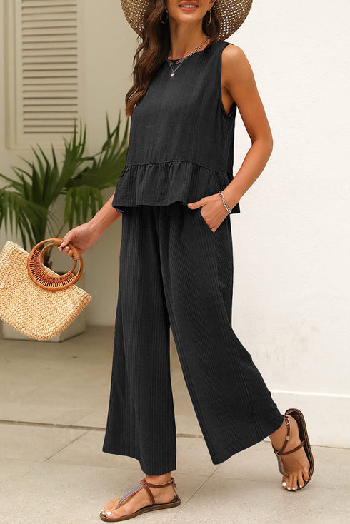 Solid Color Ribbed Ruffle Tank Top and Pants Set