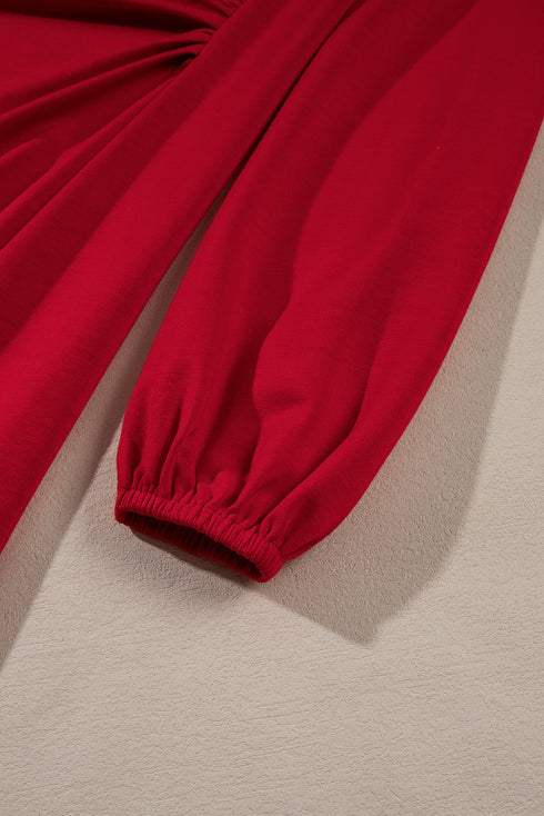 Solid Color Ruched Detail Long Sleeve Midi Dress