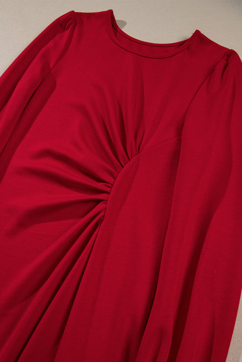 Solid Color Ruched Detail Long Sleeve Midi Dress