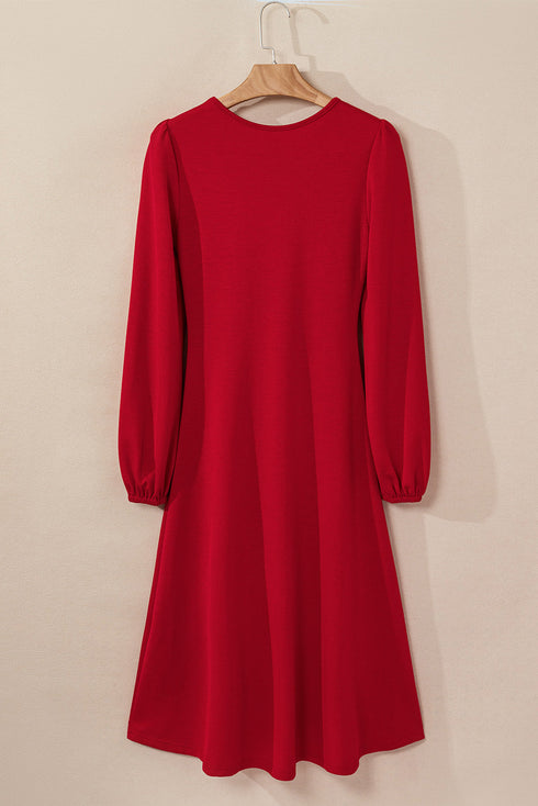 Solid Color Ruched Detail Long Sleeve Midi Dress