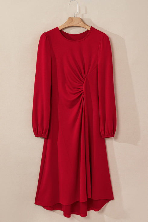 Solid Color Ruched Detail Long Sleeve Midi Dress