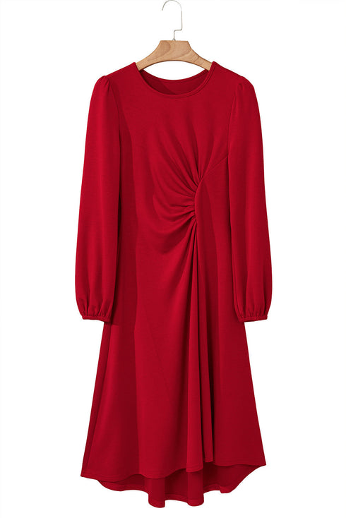 Solid Color Ruched Detail Long Sleeve Midi Dress