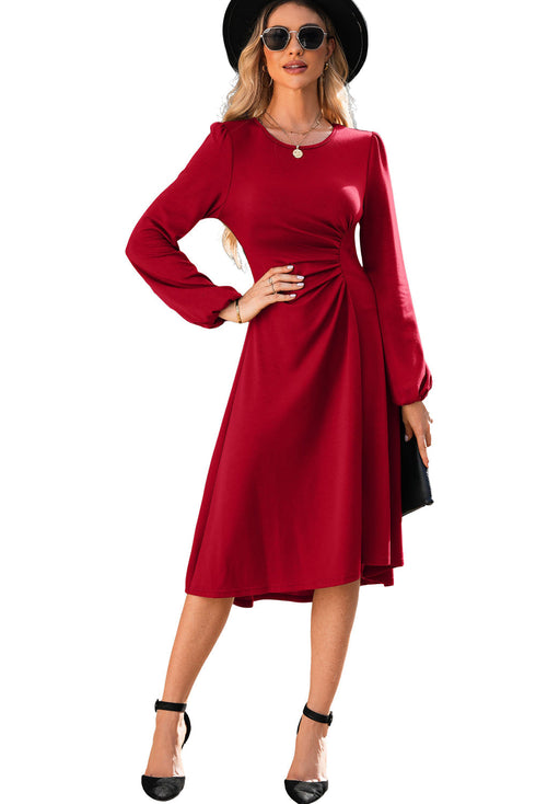 Solid Color Ruched Detail Long Sleeve Midi Dress