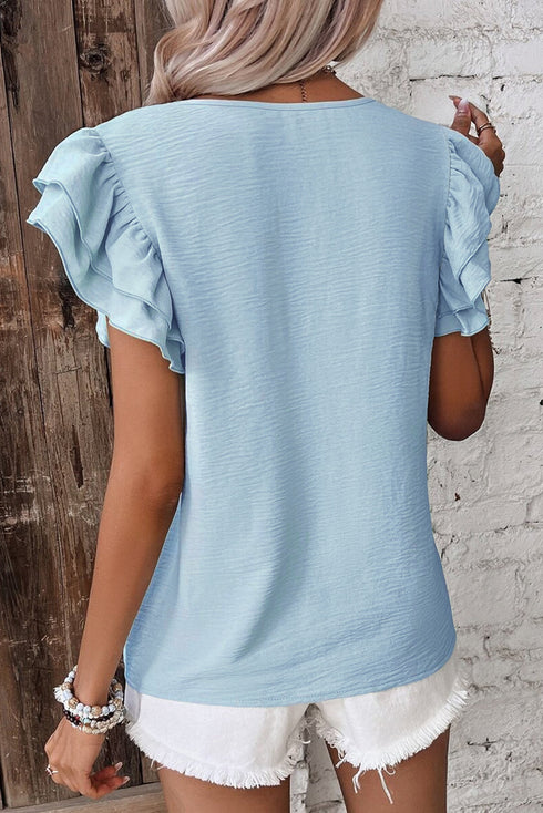 Solid Color Ruffled Short Sleeve Casual Blouse