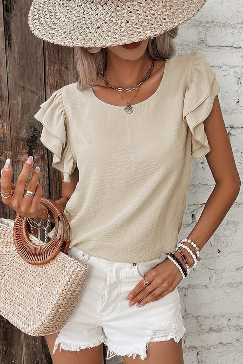 Solid Color Ruffled Short Sleeve Casual Blouse