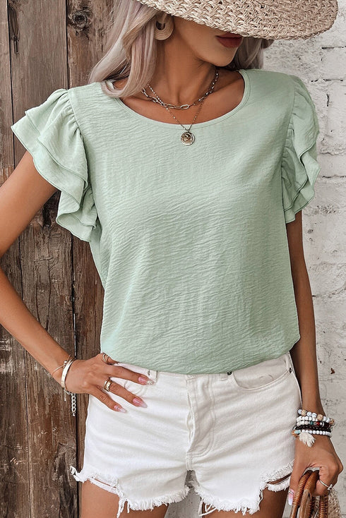 Solid Color Ruffled Short Sleeve Casual Blouse