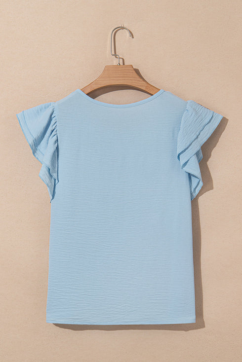 Solid Color Ruffled Short Sleeve Casual Blouse