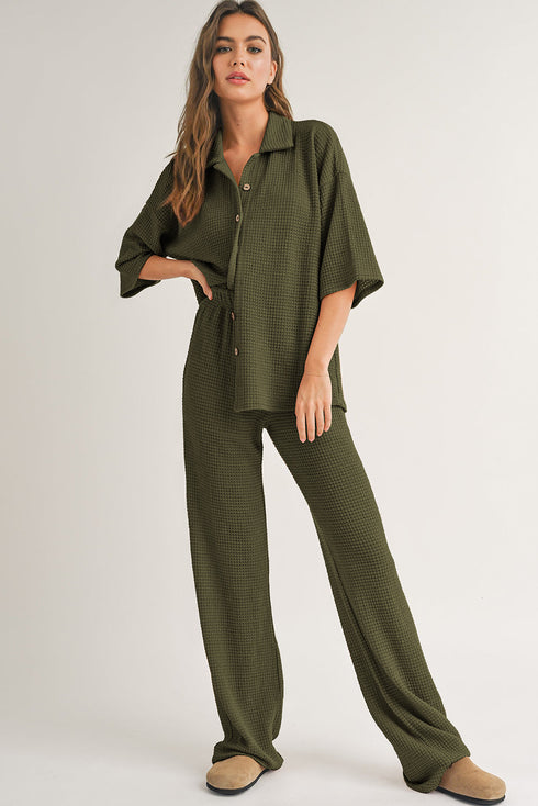 Solid Color Textured Buttoned Shirt and Casual Pants Set