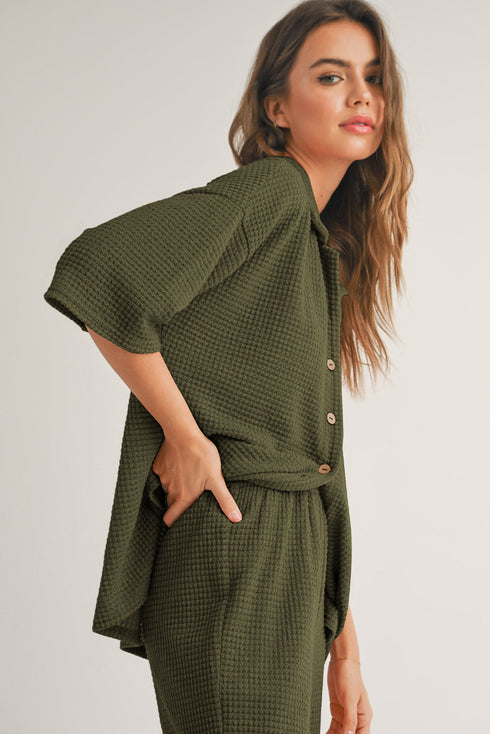 Solid Color Textured Buttoned Shirt and Casual Pants Set