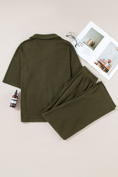 Solid Color Textured Buttoned Shirt and Casual Pants Set