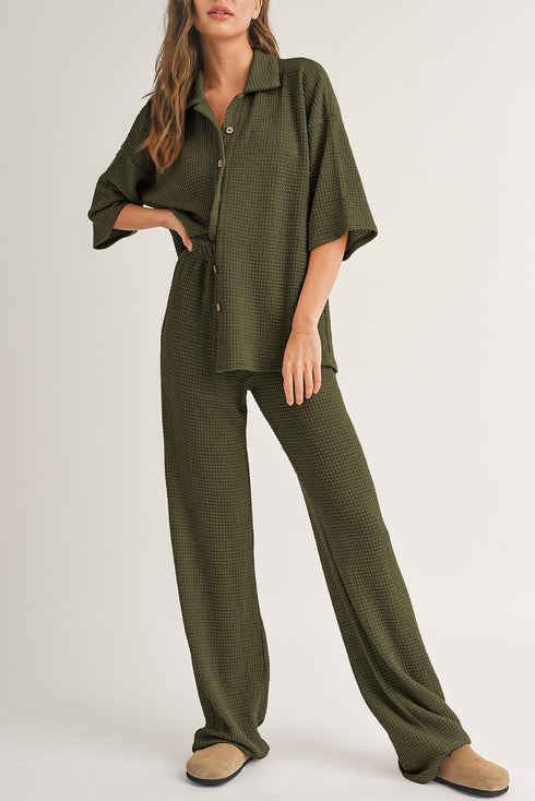 Solid Color Textured Buttoned Shirt and Casual Pants Set