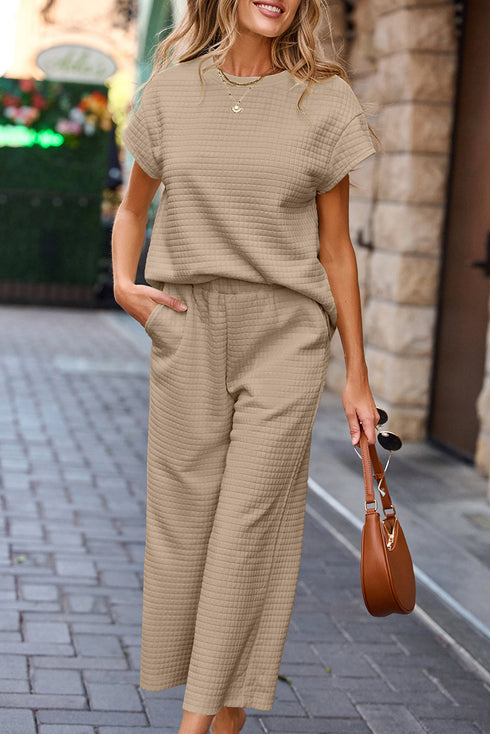 Solid Color Textured Short Sleeve Top and Casual Pants Set