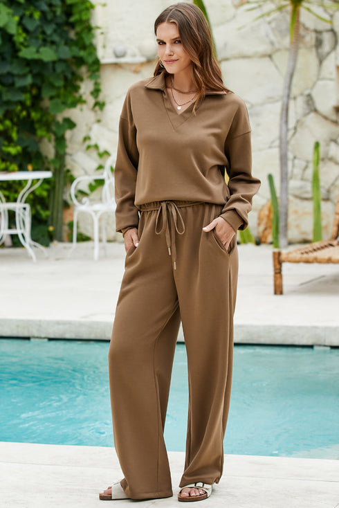 Solid Color V Neck High Waist Active Pant Set