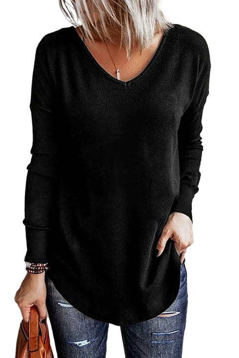 Solid Color V Neck Long Sleeve Knit Top