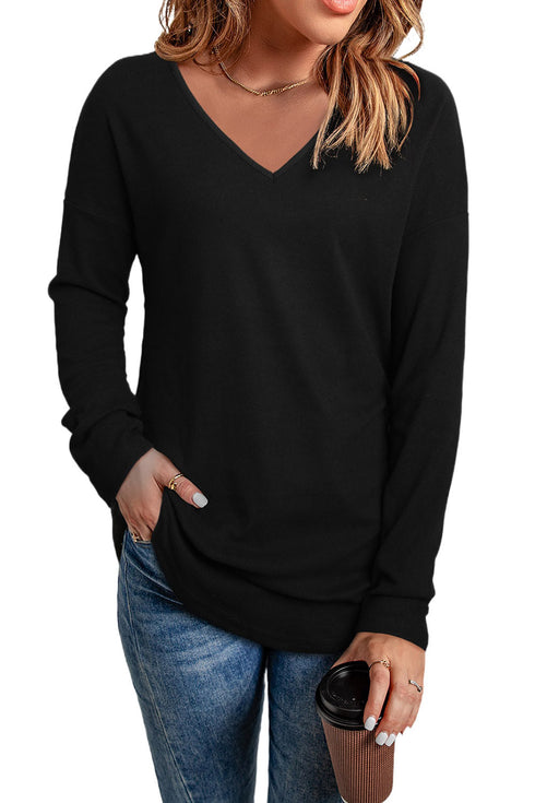 Solid Color V Neck Long Sleeve Knit Top