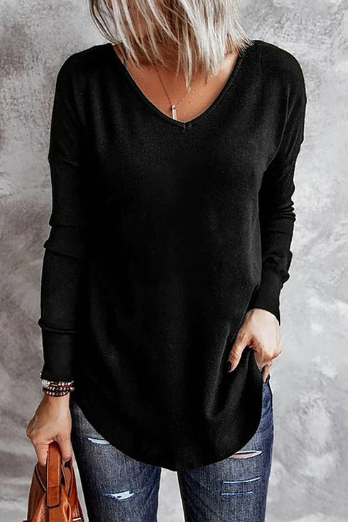 Solid Color V Neck Long Sleeve Knit Top